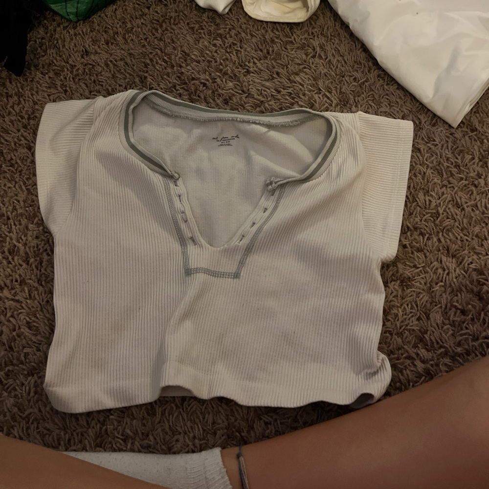 White Ribbed Henley Top